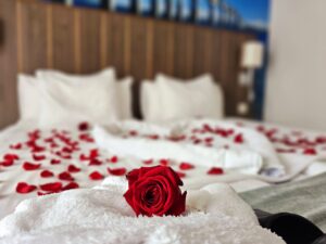 En röd ros vilande på en vit frottéhandduk, med rosenblad strödda över en bädd – en romantisk detalj på Hotel Skansen.