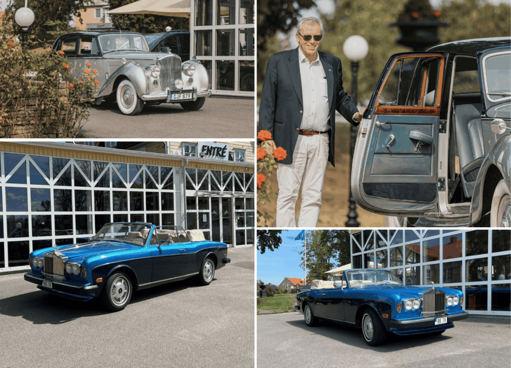 Collage med 4 bilder. De två översta visar en silvrig bil ( Bently) som står parkerad utanför Hotel Skansen på Öland. På den högra bilden står chauffören klädd i kostum och håller upp passagerardörren. De två nedersta bilderna visar en blå bil ( Rolls Royce) parkerad med taket nedcabbat framför Hotel Skansens Entré.